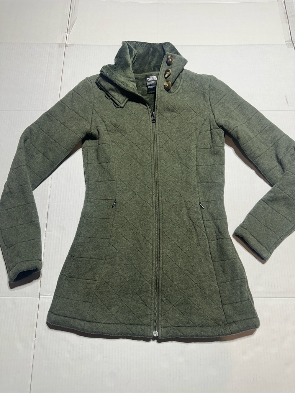 The North Face Olive Green Quilted Pea Coat w zipper front & pockets size XS